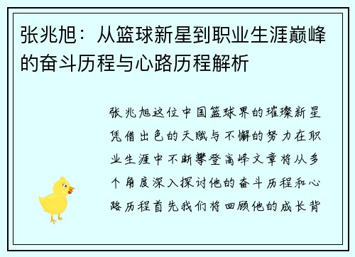 张兆旭：从篮球新星到职业生涯巅峰的奋斗历程与心路历程解析