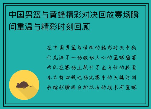 中国男篮与黄蜂精彩对决回放赛场瞬间重温与精彩时刻回顾