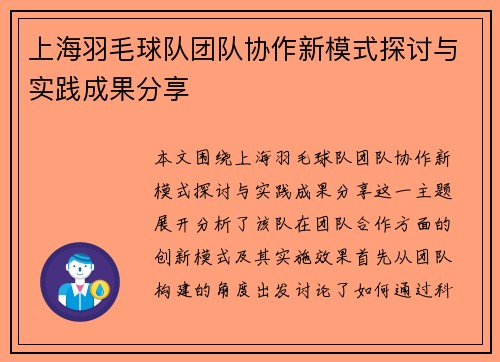 上海羽毛球队团队协作新模式探讨与实践成果分享