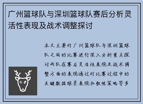 广州篮球队与深圳篮球队赛后分析灵活性表现及战术调整探讨