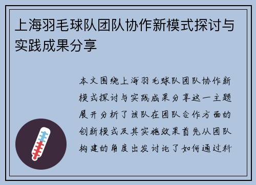 上海羽毛球队团队协作新模式探讨与实践成果分享